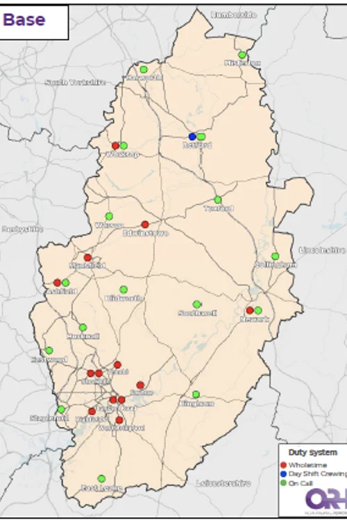 Map of Nottinghamshire showing the current location of all fire stations