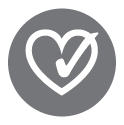 Grey circle with heart and tick inside