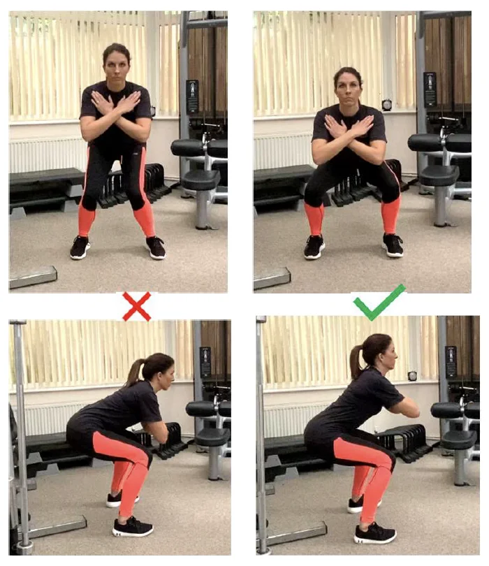 A series of four photos showing both the correct and incorrect way to do a squat