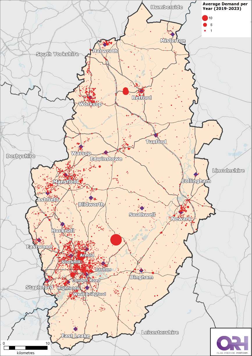 Map of Nottinghamshire showing the location of all primary fires between 2019 - 2023