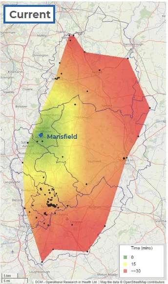 Heat Map of Nottinghamshire showing the time to response for the Command Support Unit at its current location of Mansfield