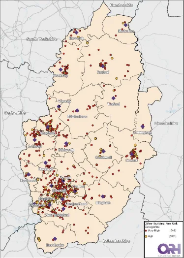 Map of Nottinghamshire showing the locations of other building fires