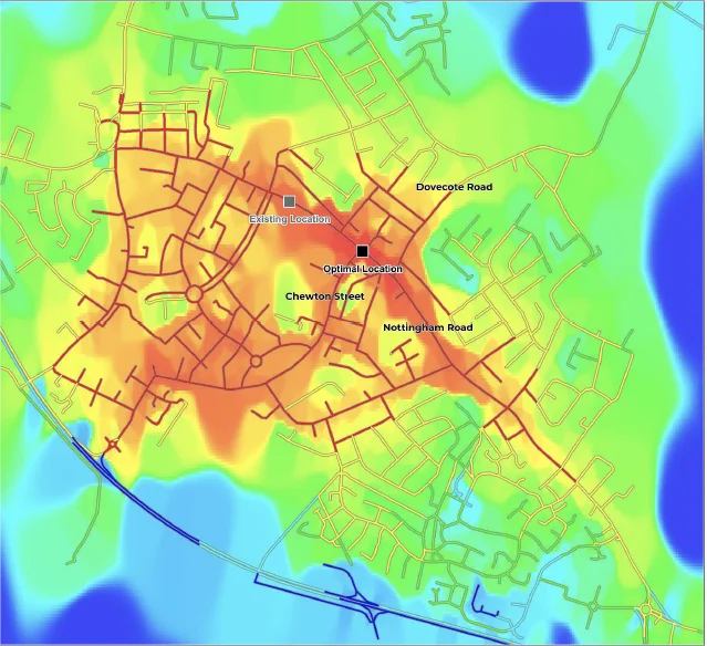 Heat map of Eastwood showing the current and optimal location for Eastwood Fire Station