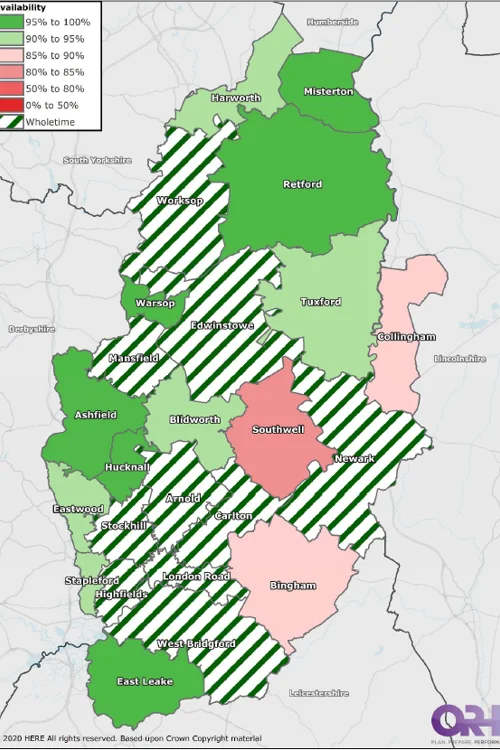 Map of Nottinghamshire showing On-call appliance availability during the night (8pm - 8am)