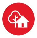 red circle with a graphic of a white house and tree