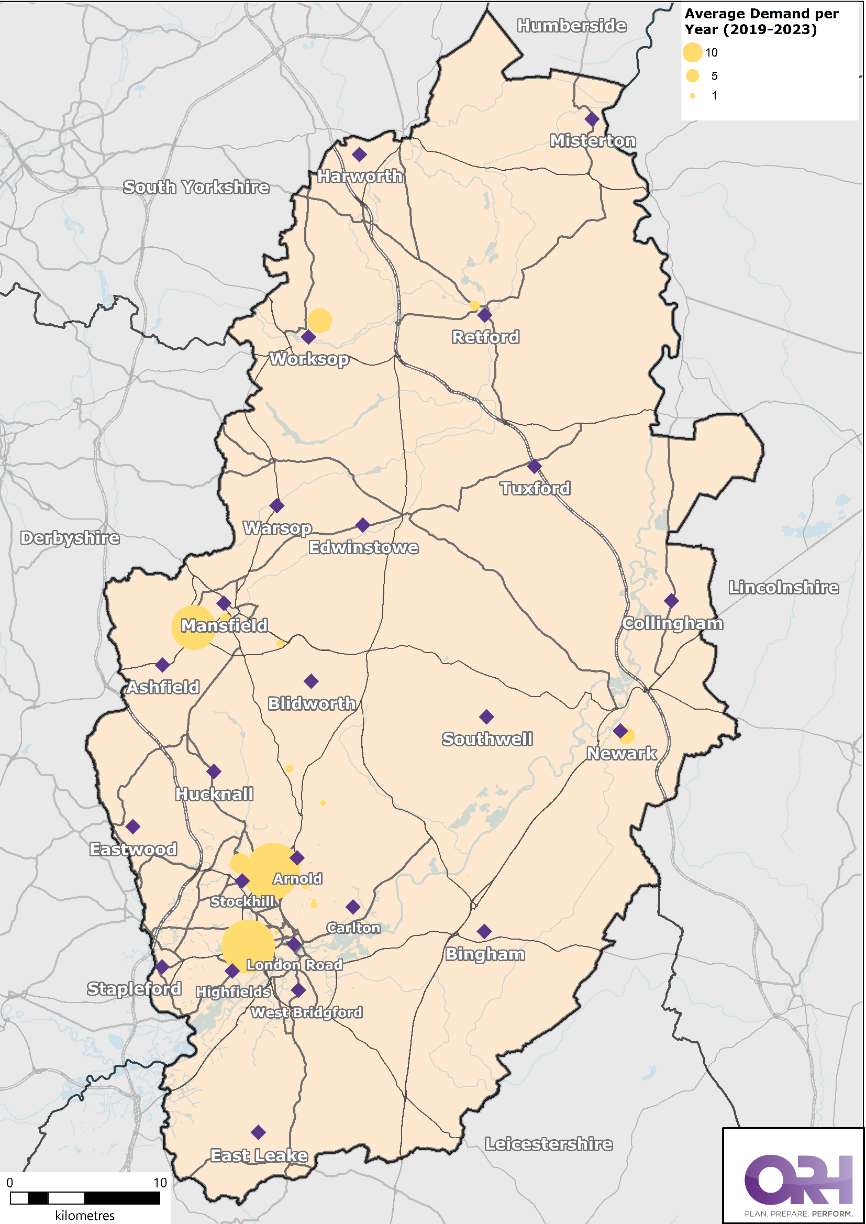 Map of Nottinghamshire showing the average demand of Automatic Fire Alarm incidents in hospitals between 2019-2023