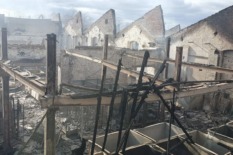 Burnt down warehouse viewed from up high