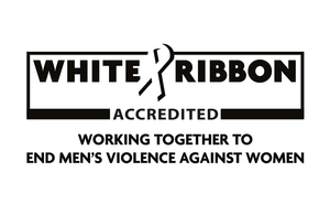 White Ribbon accredited logo with 'Working together to end men's violence against women' written below.