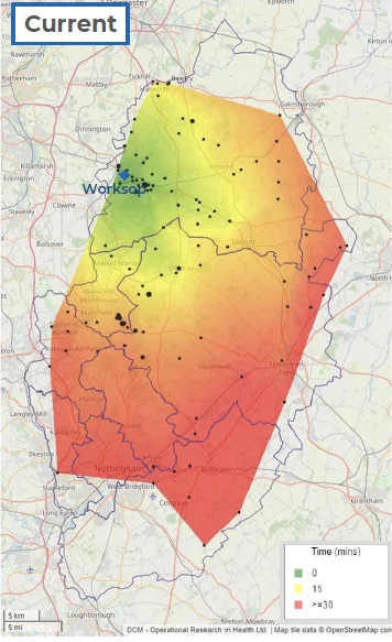 Map of Nottinghamshire showing the historical response time of the water and Foam Unit from its current location in Worksop