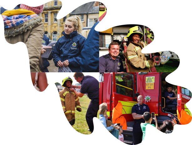 Four photos of fire staff engaging with the local community inside an oak leaf frame