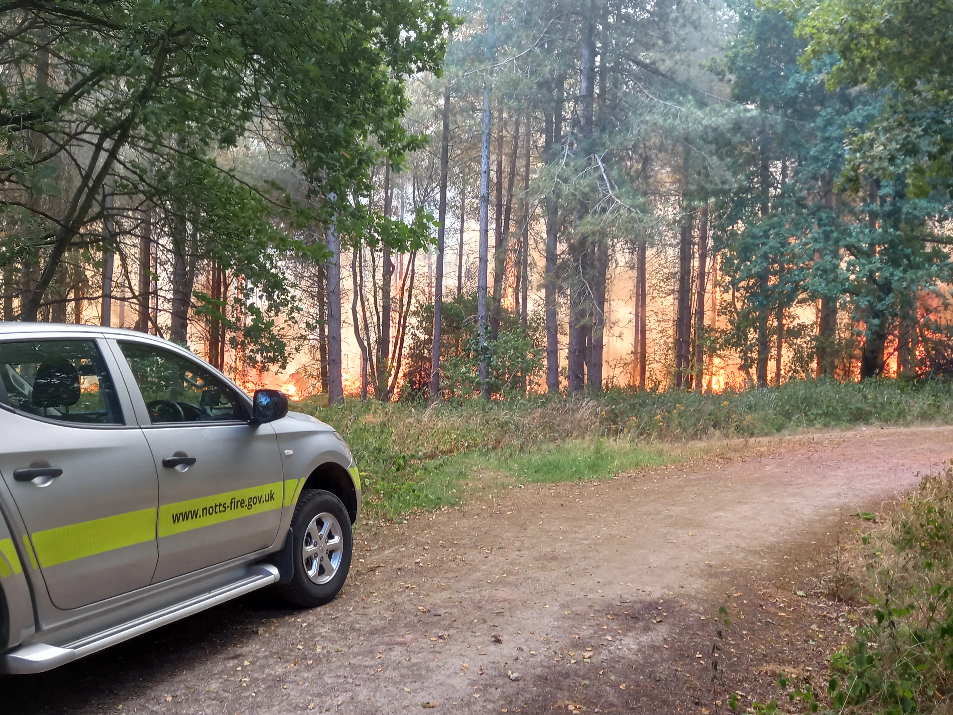 Blidworth forest fire with vehicle
