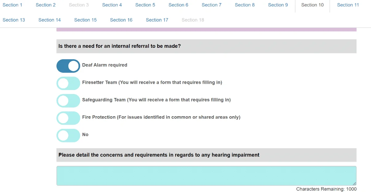 Screenshot of a safe and well referral asking is a deaf alarm is required.