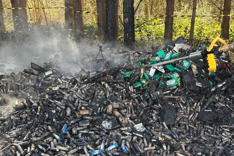 Close up of two tonnes of lithium ion batteries on fire