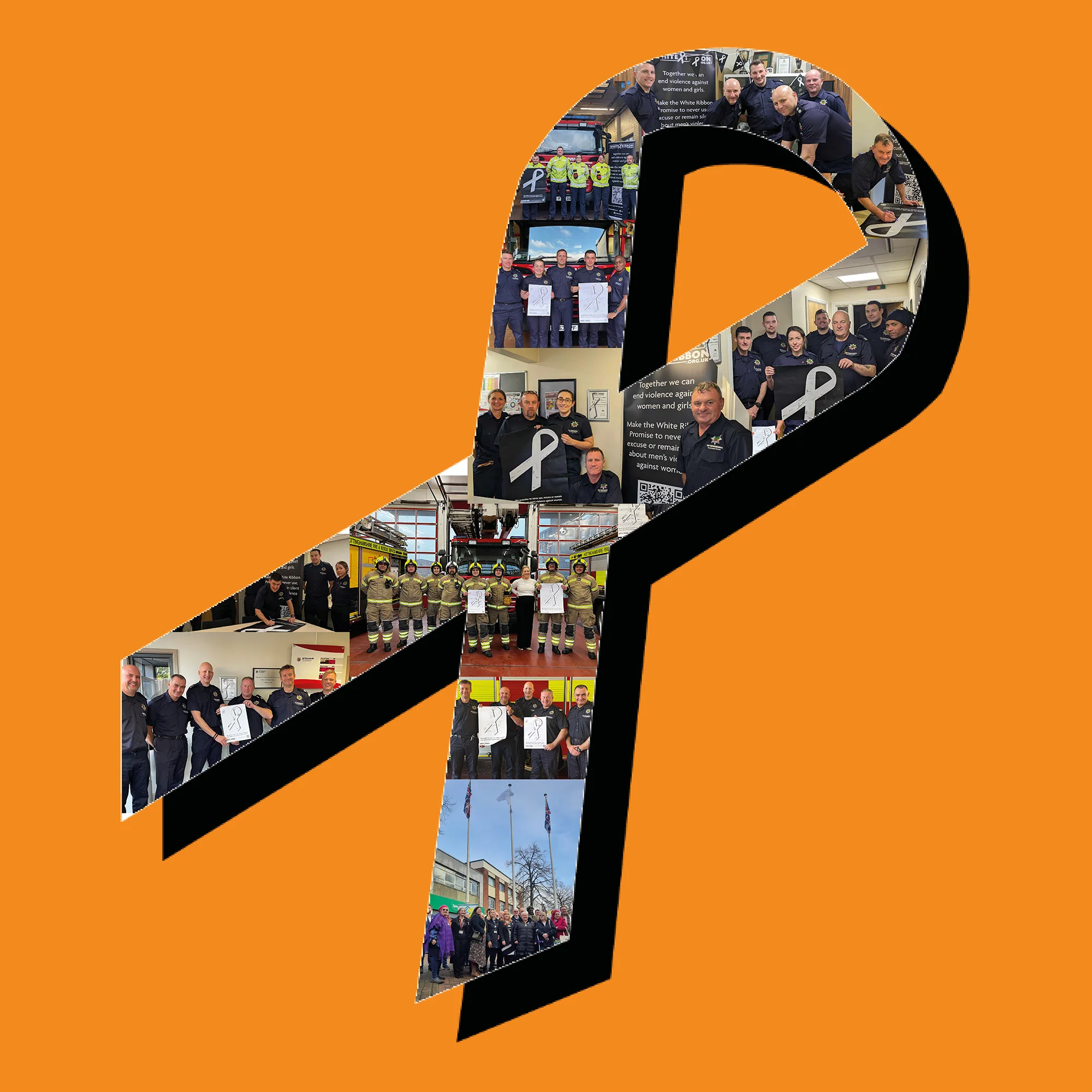 White Ribbon shape with photo collage of staff at fire stations