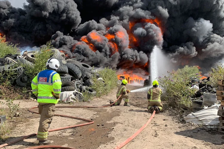 Firefighters tackling a fire on the industrial estate in Ranskill