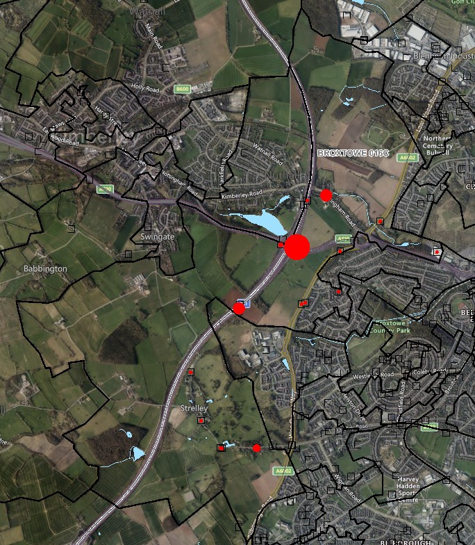 Heat map of Broxtowe showing hotspots for vehicle fires.