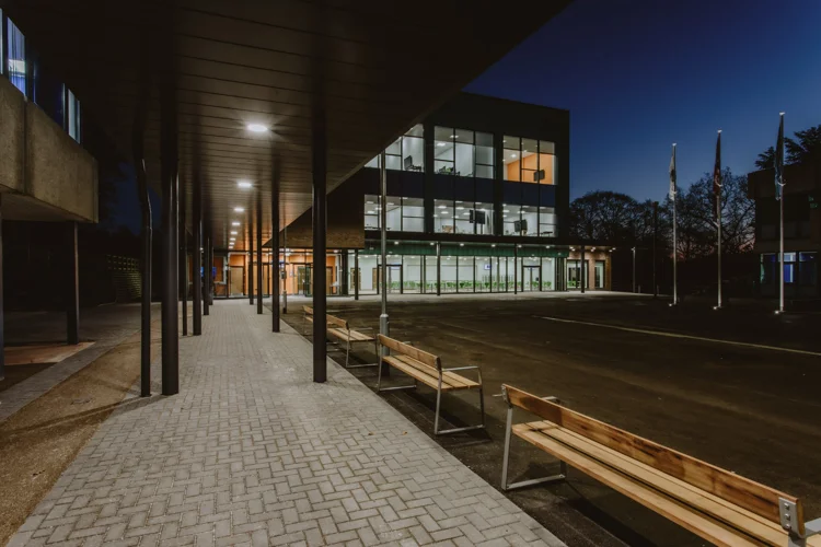 Joint Police and Fire headquarters walkway at night