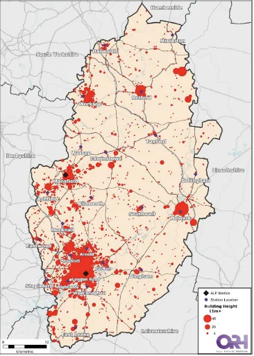 Map of Nottinghamshire showing the location of buildings over 10 Meters