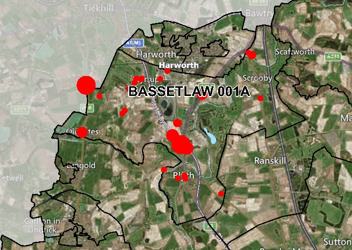 Heat map of Bassetlaw showing hotspots for vehicle fires.
