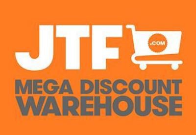 JTG Mega discount warehouse logo, white and grey text on orange background
