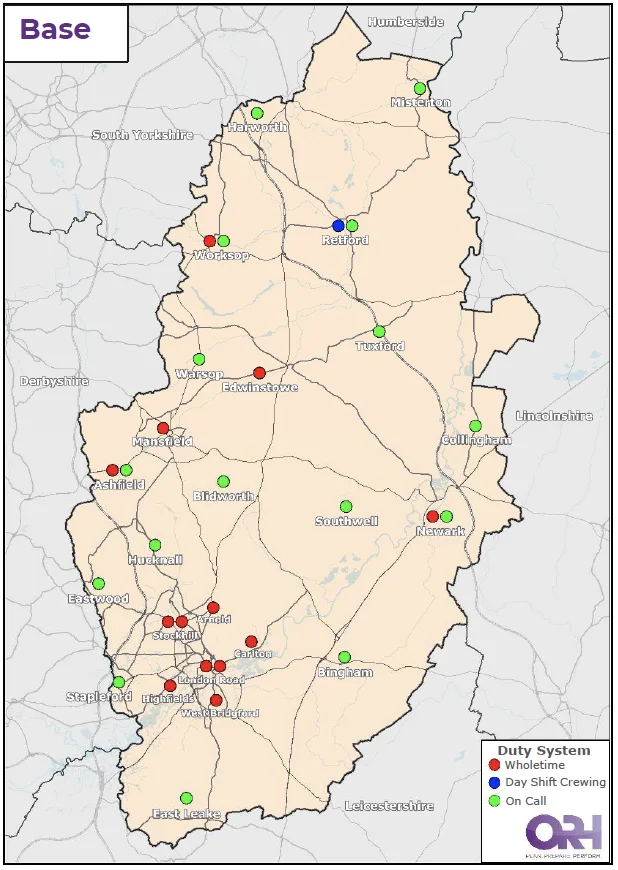 Map of Nottinghamshire showing the current locations of fire stations
