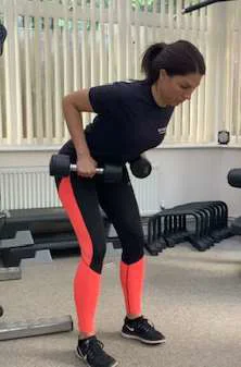 Bent over row with the weights pulled up to the waist