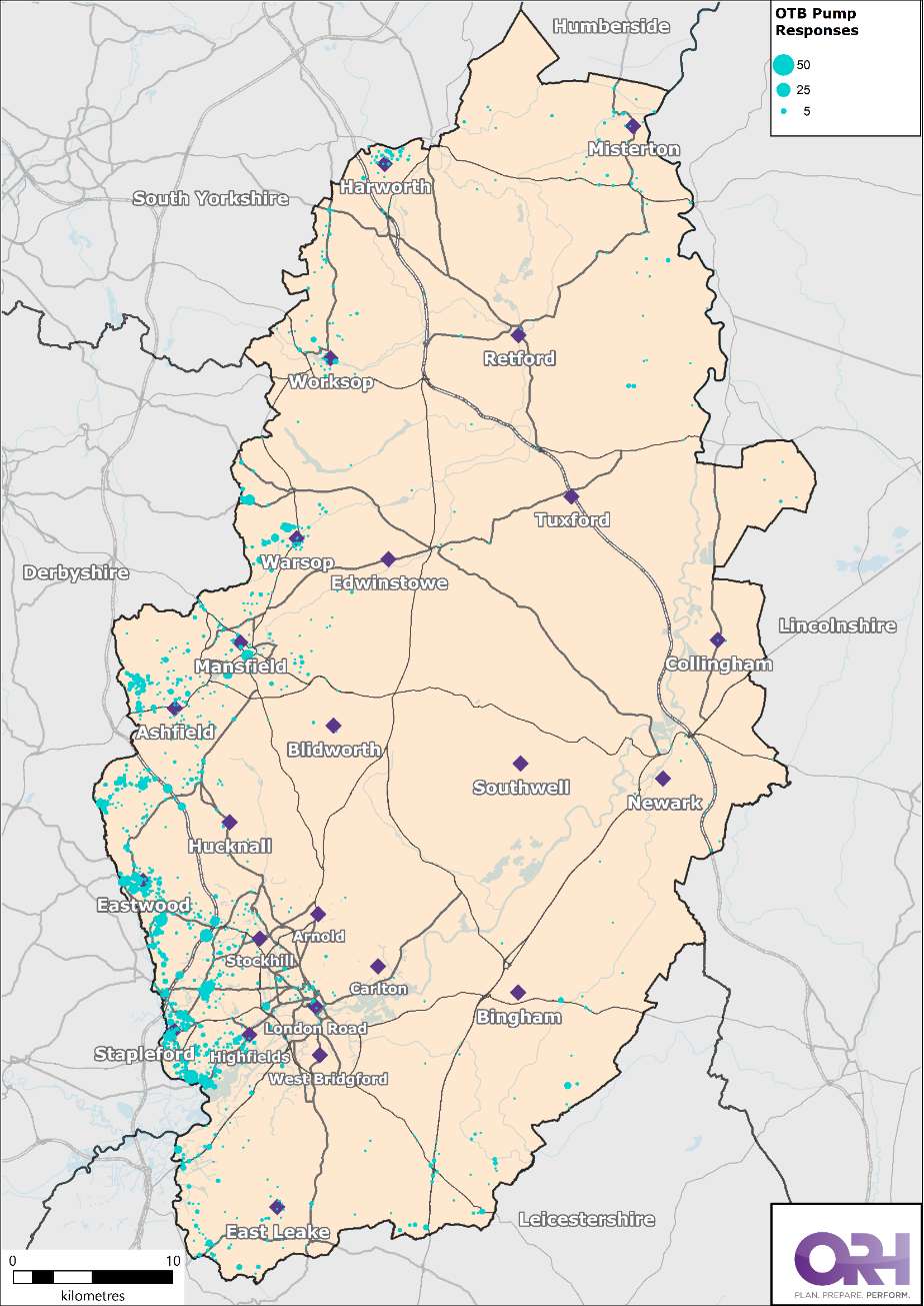 Map of Nottinghamshire showing the location of incidents attended by over the border pumps