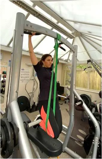 Demonstration of a pull up using an exercise band for assistance in the down position
