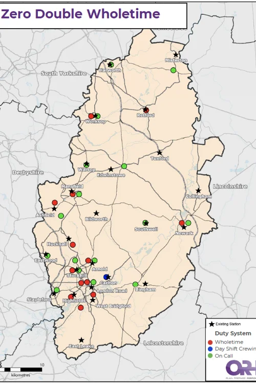 Map of Nottinghamshire showing the proposed station positions with zero double wholetime stations