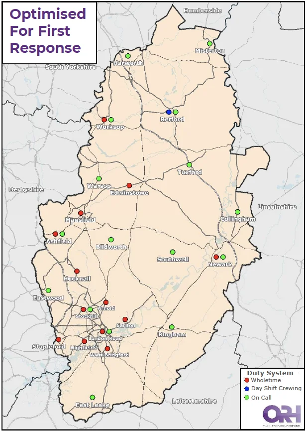 Map of Nottinghamshire showing the optimised location for fire station for first response