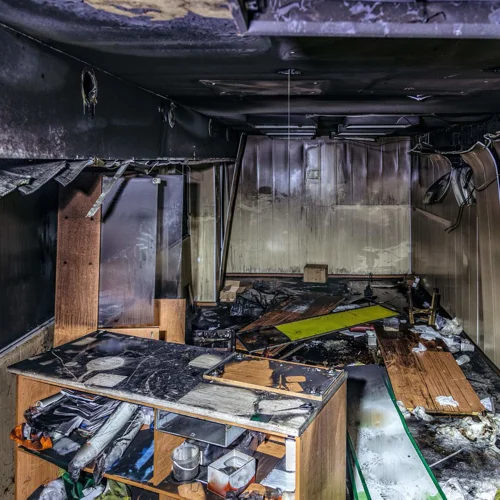 Inside of a kitchen following a fire