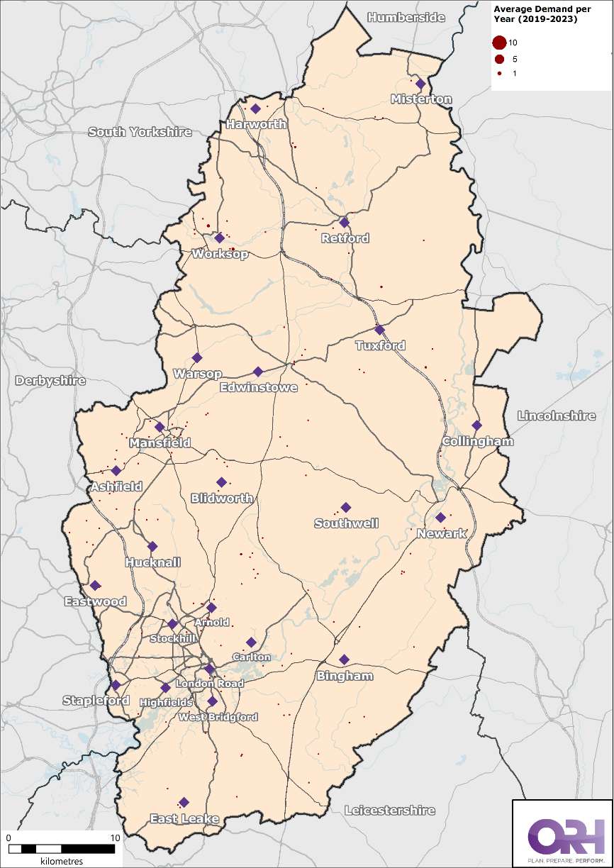Map of Nottinghamshire showing the location of all chimney fires between 2019 - 2023