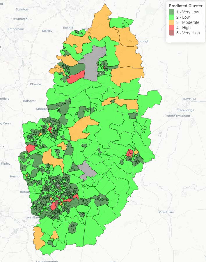 Predicted risk cluster map of Nottinghamshire showing non-residential fire